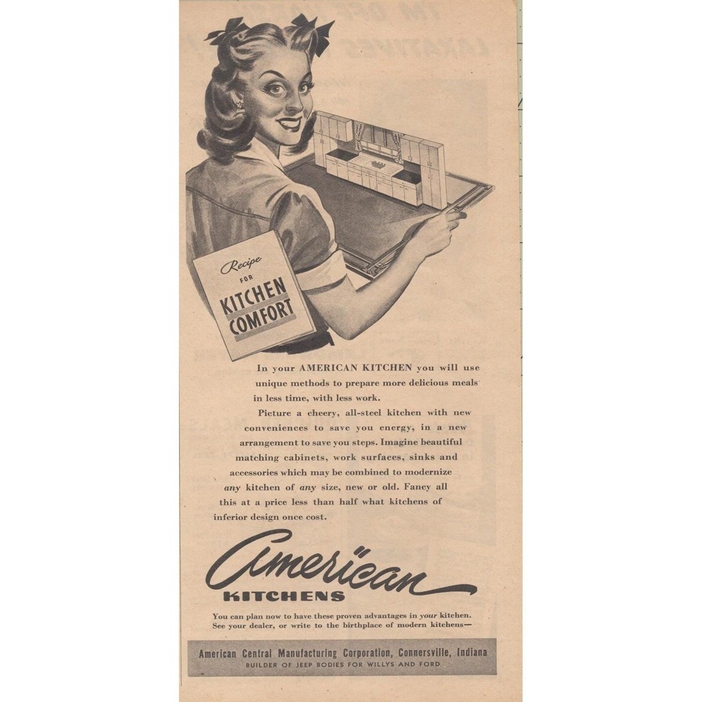 American Kitchens Connersville IN Steel Cabinet Mid Century Modern Print Ad 1945